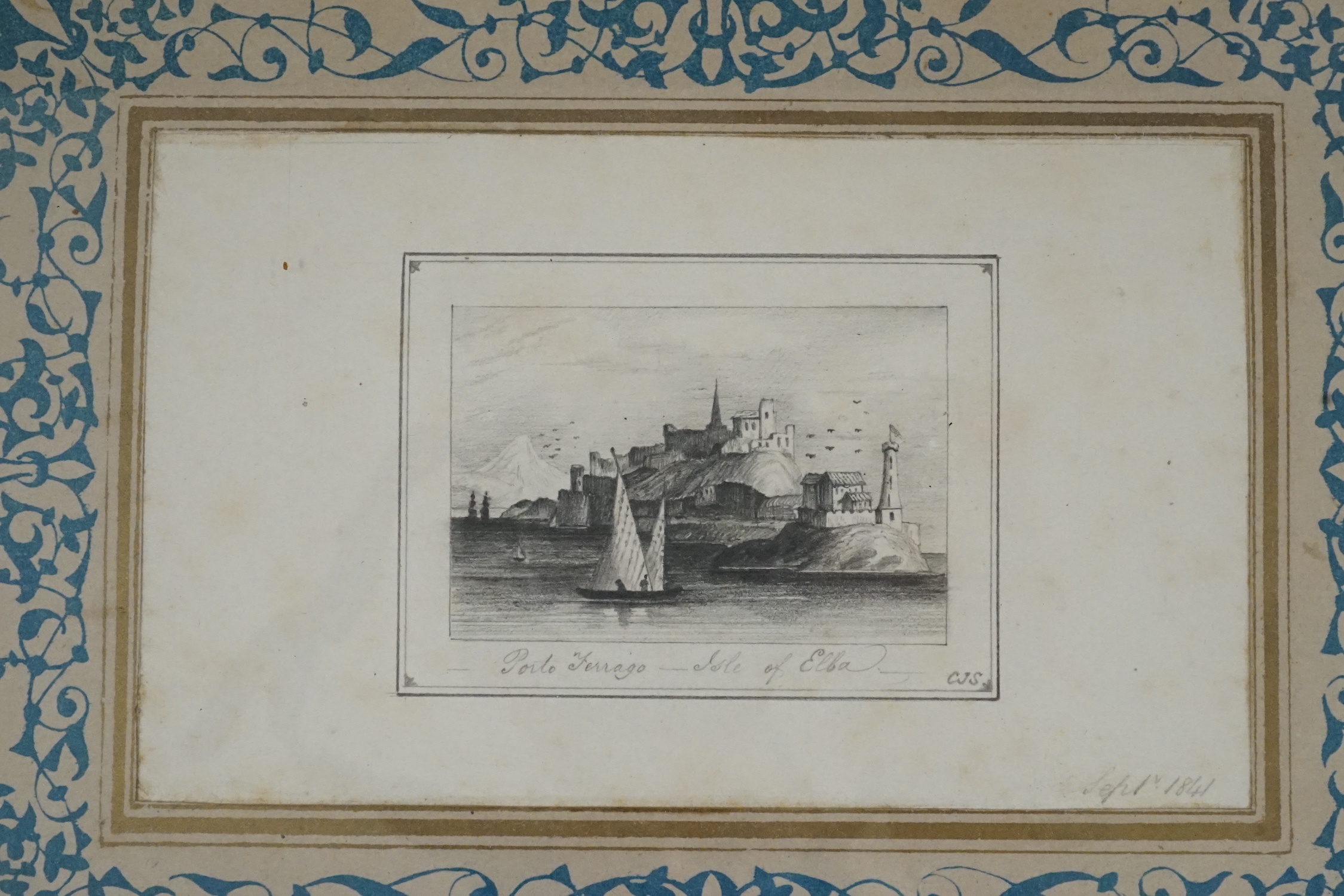 C.J.S. 1841, two pencil vignettes of Upnore Castle and Porto Ferrago, initialled, one dated, 6 x 9 cm and 4.5 x 5.5cm